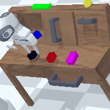Rollout before Test-Time Training for task: rotate pink block right -> turn off LED -> lift pink block -> place in slider -> open drawer